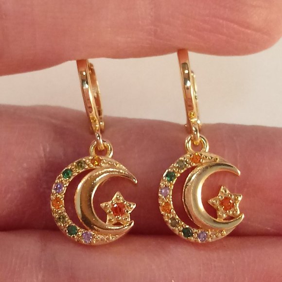 18K Yellow Gold Filled Layer Crescent Moon Star Diamond Zircon Dangle Earrings - Picture 1 of 4